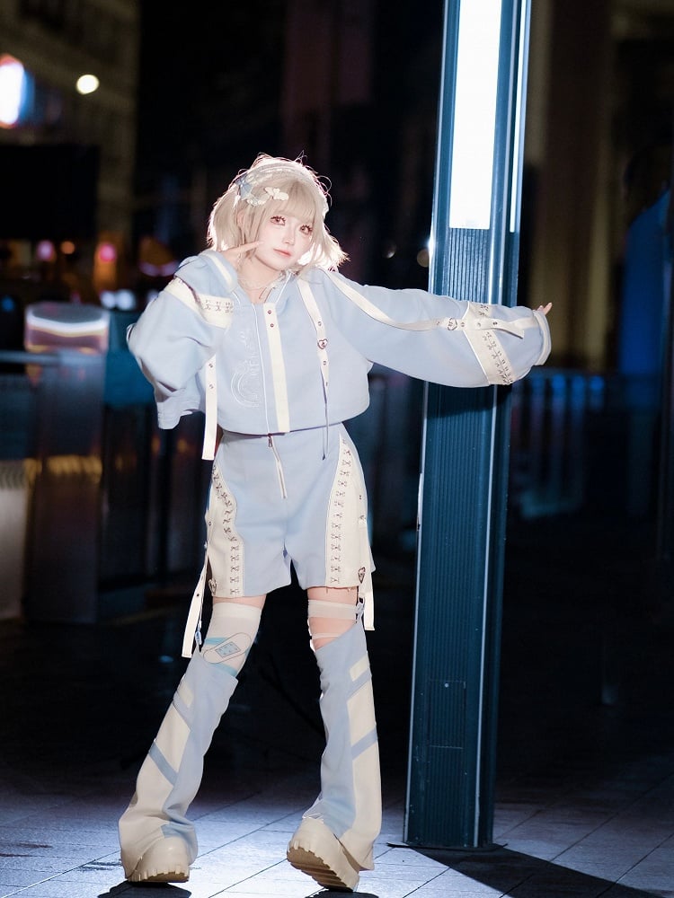 Blue - + Kaiwai J-Style Detachable Futuristic Set Shorts Jacket Leg Coord Light Warmers Tenshi