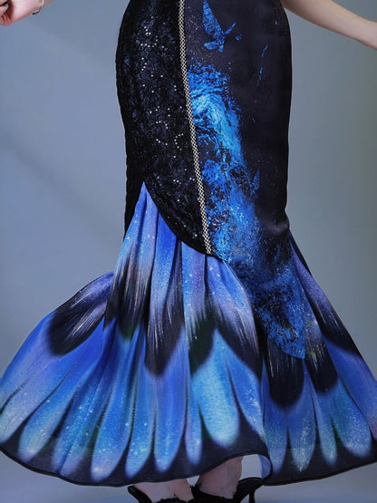 Satin Black & Blue Butterfly Cheongsam Long Dress with Floral Print - sijinstudio
