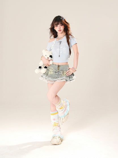 Print Letter Asymmetrical Neckline with Blue T-Shirt