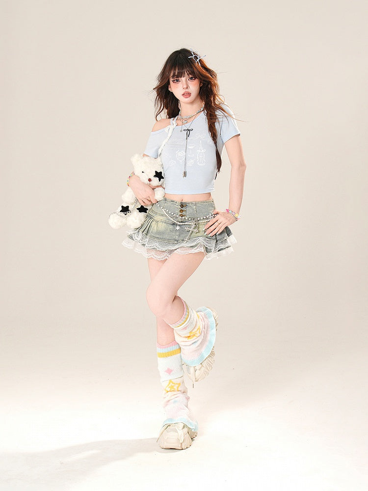 T-Shirt Print Asymmetrical Letter Blue Neckline with