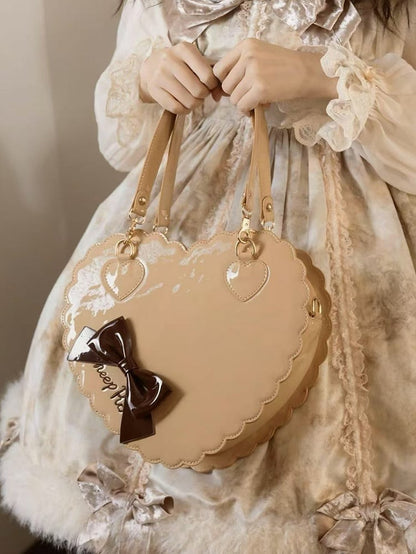 with and Heart Tea - Zipper Bag Cookie Accent Lolita Closure Sweet Shape 2-Way Milk Bow