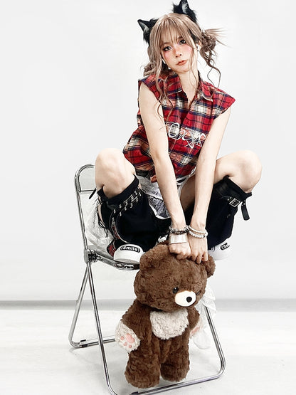 レター ノースリーブ パターン レッド シャツ チェック柄 刺繍 Y2K