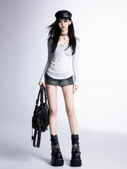 Snap Placket Neckline Sun Protection Hooded Top White Partial