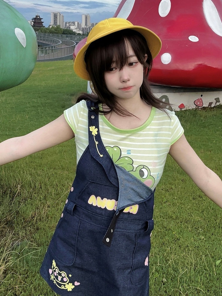 Closure Denim Back Daily Dress Shoulder with Zipper Straps Overall Snap-button Kawaii
