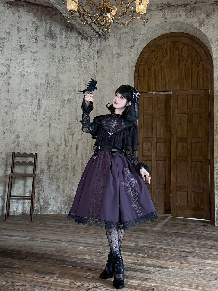 Embroidered Gothic JSK with Lace Accents - iris de nuit