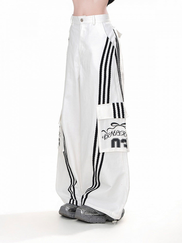 Hose Weites Bein Schwarz Cargo Lose Weiße Taschen