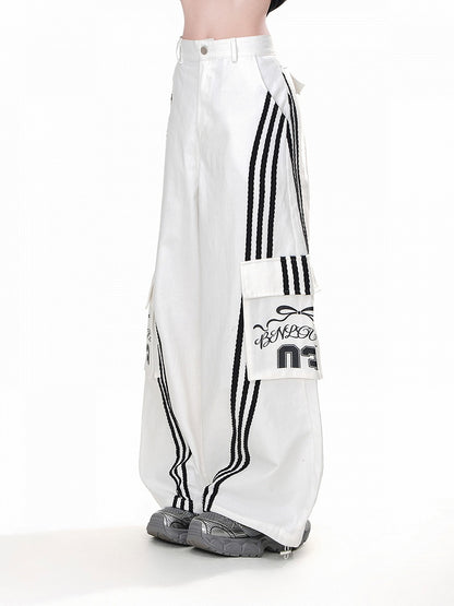 Hose Weites Bein Schwarz Cargo Lose Weiße Taschen