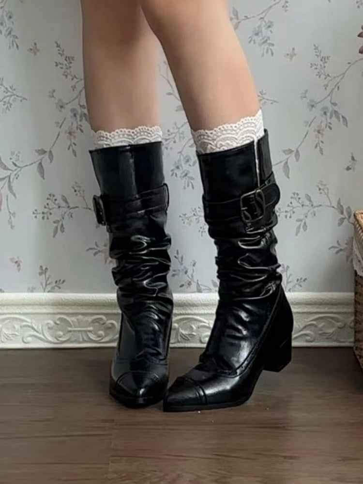 Toe Lolita Vintage - Mid-heel PU Pointed Classic Convertible Black with Inspired Cuff Boots Fasteners