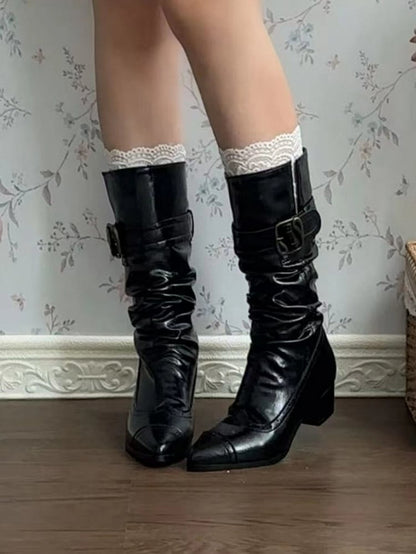 Toe Lolita Vintage - Mid-heel PU Pointed Classic Convertible Black with Inspired Cuff Boots Fasteners