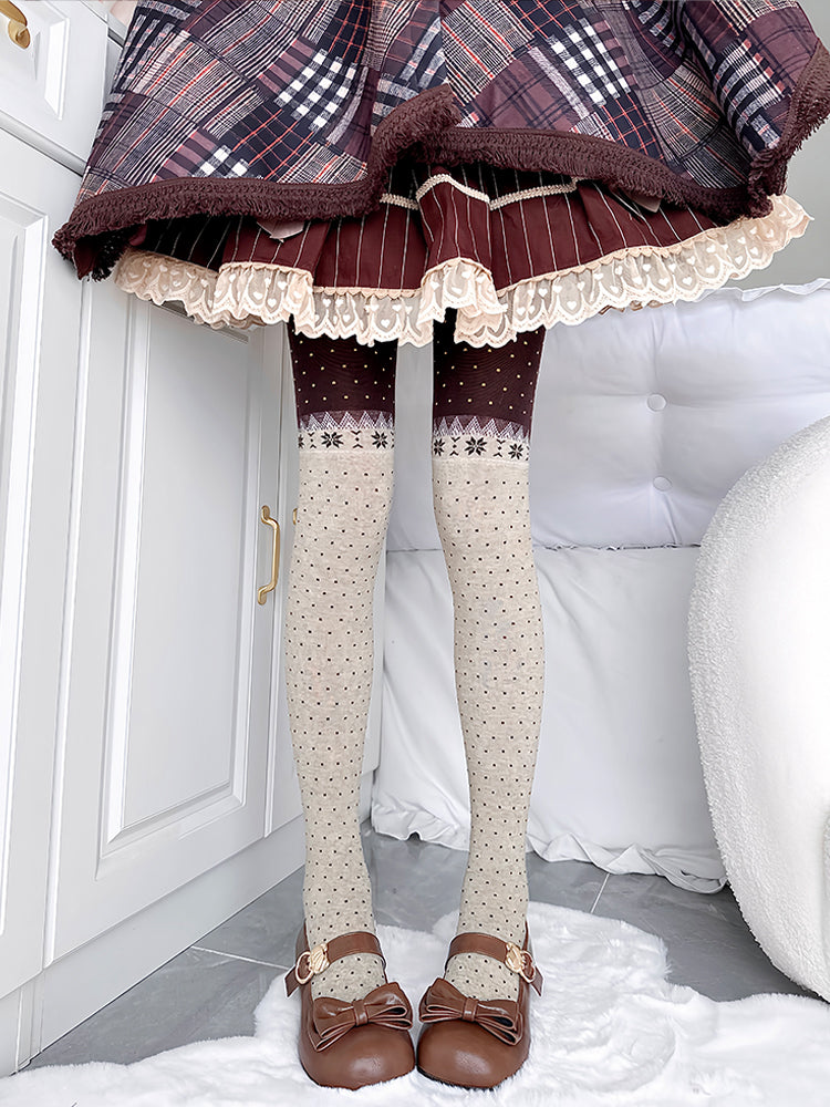 Beige & Brown Retro Snowflake & Polka Dot Pattern Knitted Tights