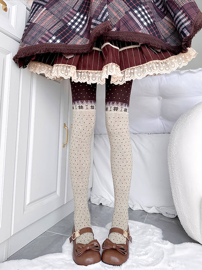 Beige & Brown Retro Snowflake & Polka Dot Pattern Knitted Tights