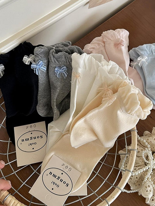 Details Rosa/Blau/Schwarz/Weiß/Gelb/Graue Wadensocken mit Rüschenbündchen und Schleife