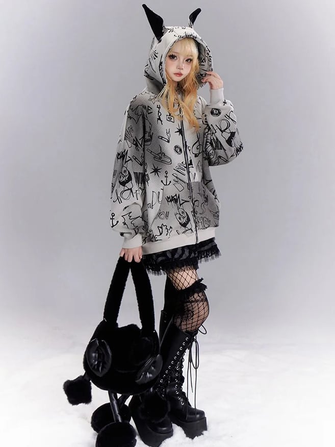 Grey Cartoon Graffiti Print Animal Ears Design Zip Hoodie