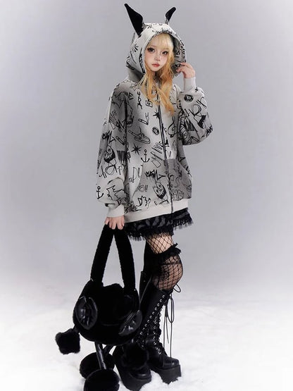 Grey Cartoon Graffiti Print Animal Ears Design Zip Hoodie