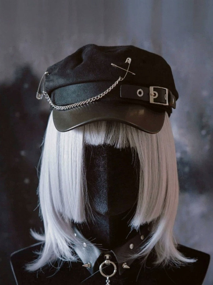 Black Punk Chain Beret with Metal Buckle - Strange Sugar