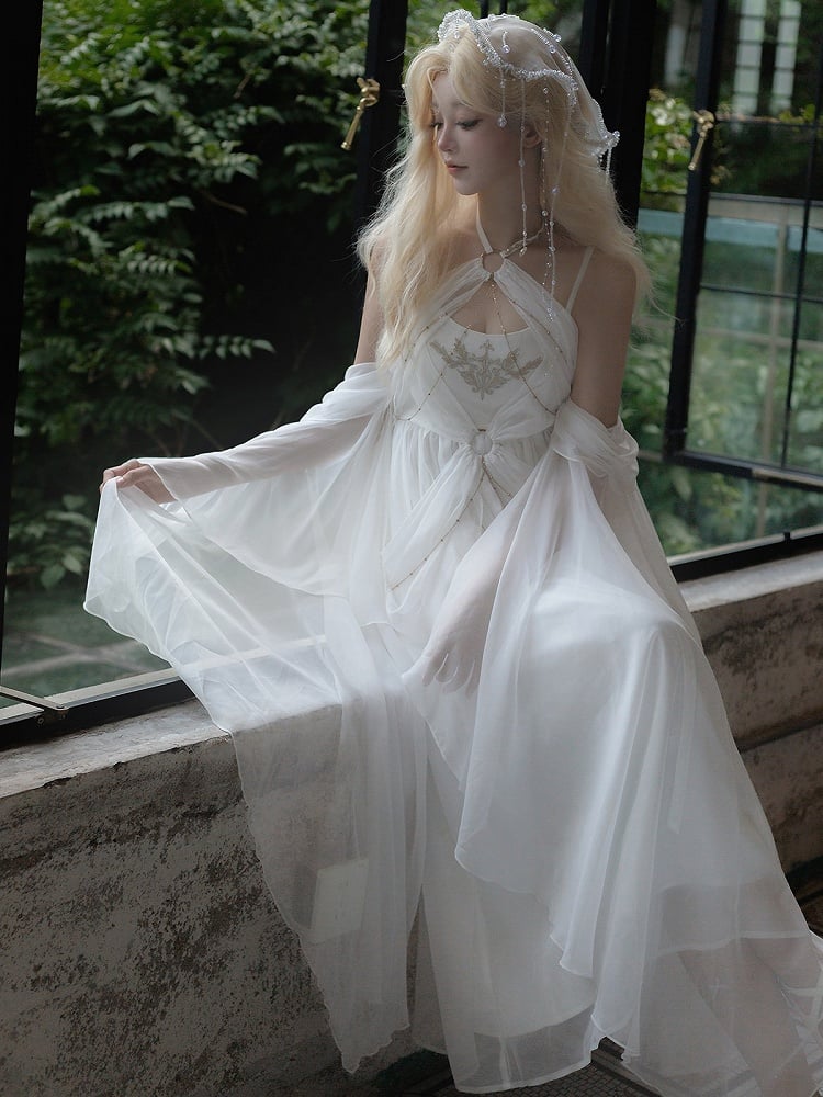 Classic White Halter Lolita Dress with Cutout Accents - Unknown Star
