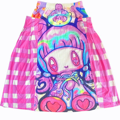 Kariertes Cartoon-Rock-Druckmuster Y2K Rote Rose