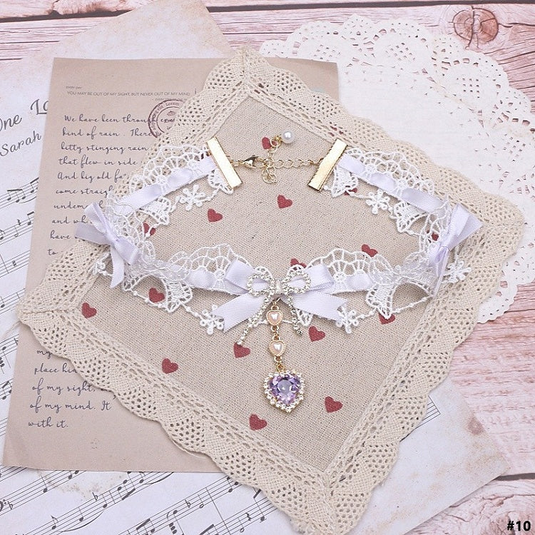Kei 12 Heart Rhinestone Lace Choker Jirai Bowknot Options Color