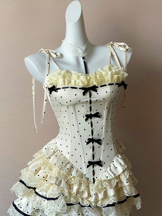 ベージュの水玉模様の蝶結びレーストリムコルセットキャミソールトップ
