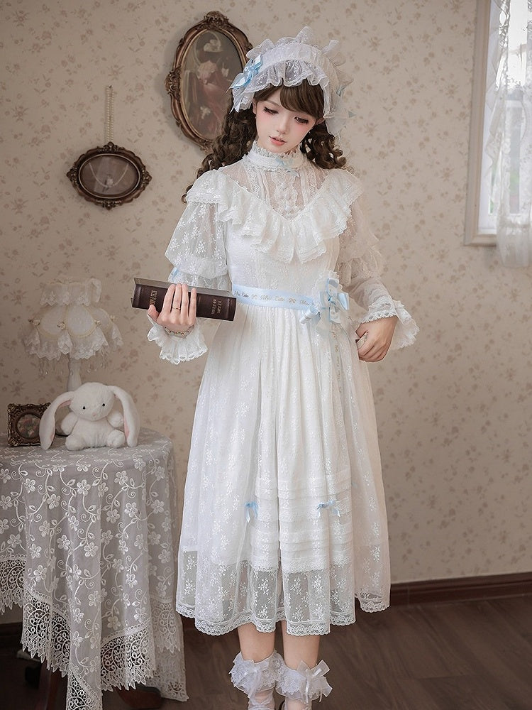 Blue and White Lolita OP Gown with Edward Collar, Sheer Lace and Ribbon Trims - Miss Cube Dressworks