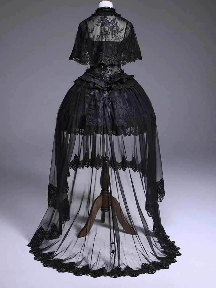Black Lolita Dress Set with Basque Waist and Lace-Up - Airfreeing