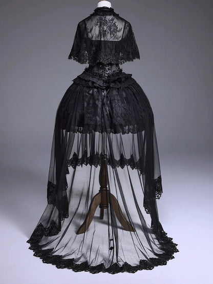 Black Kuro Elegant JSK Set with Cape and Floral Accent - Airfreeing