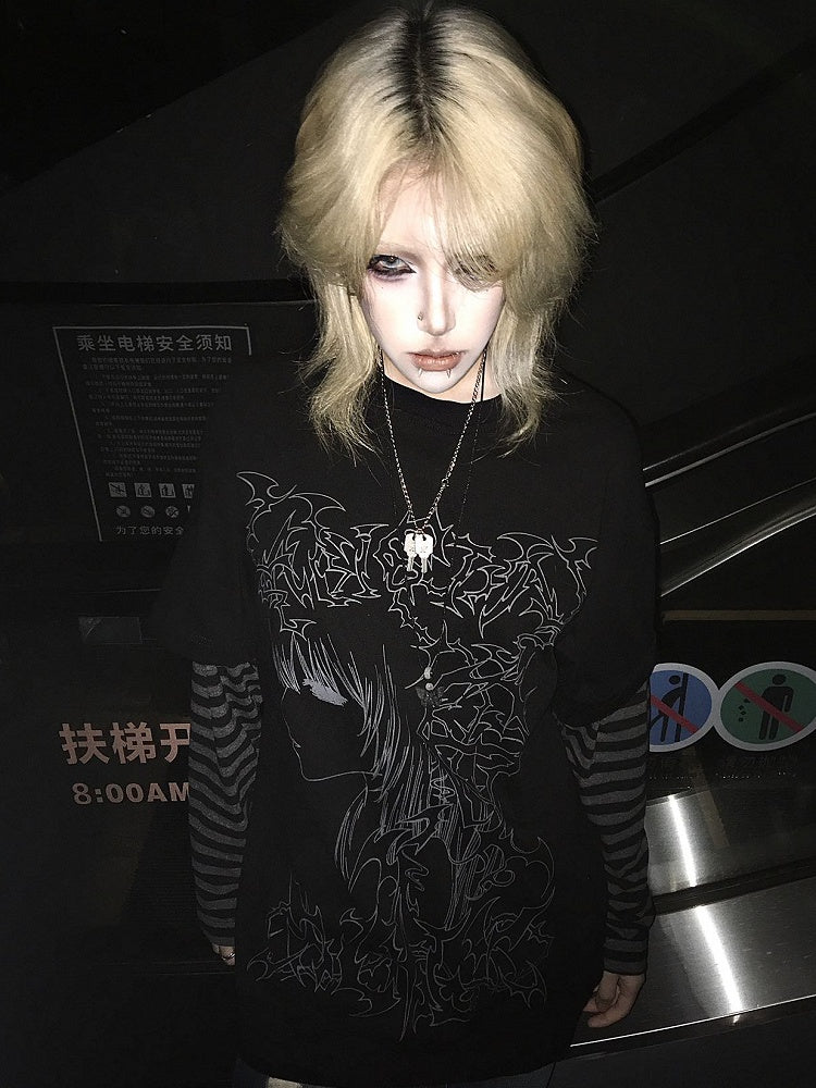 ブラック エモ パンク ガール ストライプ スリーブ グラフィック Tシャツ