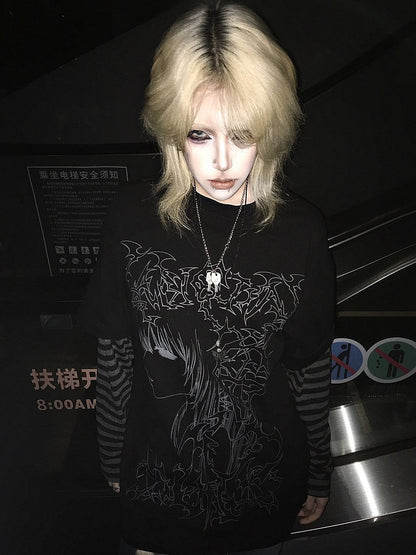 ブラック エモ パンク ガール ストライプ スリーブ グラフィック Tシャツ