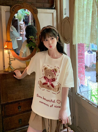 Cotton Plush Bear Embroidery Apricot Round Neck Loose T-shirt
