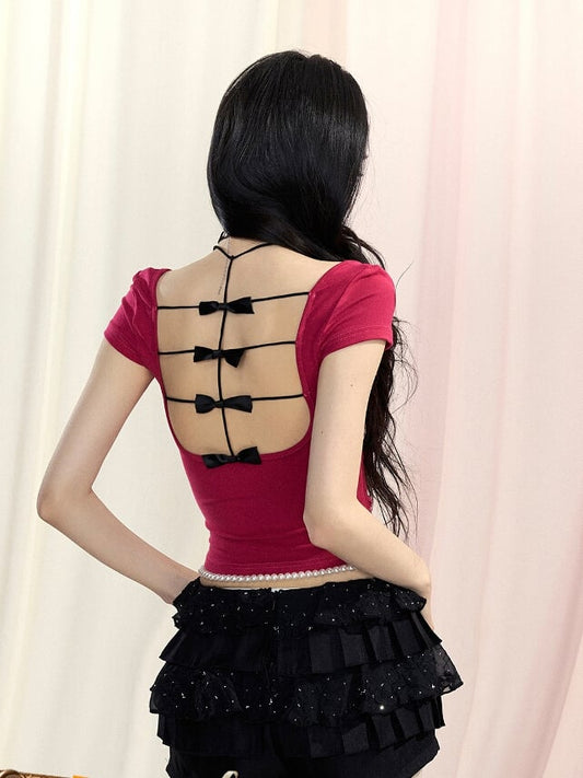 Backless T-Shirt Red/Yellow/Pink Glamorous Faux Two-Piece