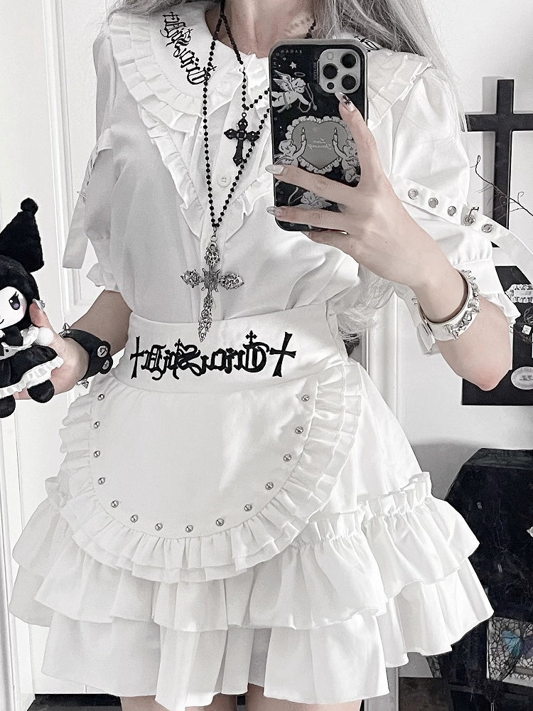Straps Peter Pan White CollarBuckle Blousewith Sleeve Short Gothic Ruffled