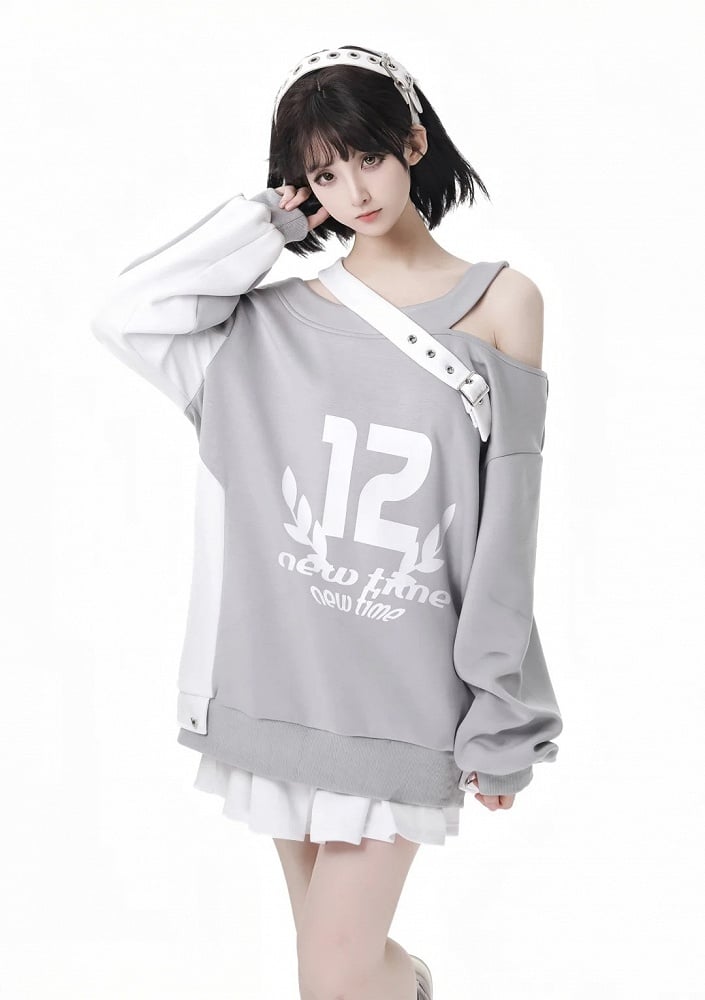 デザインカラーブロック グレー ホワイト アシンメトリーネックライン カットアウトショルダー スプリングスウェットシャツ