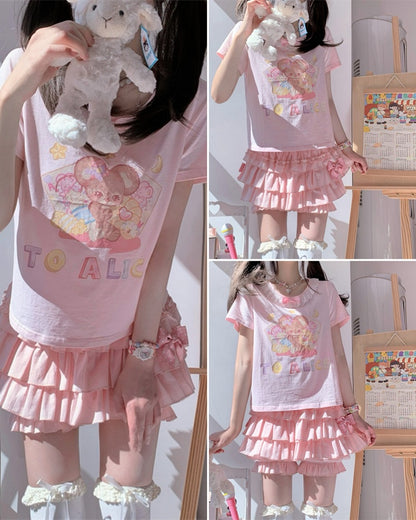 ショートバージョン 愛らしいマウスプリント ホワイト/ピンク レーストリム Tシャツ