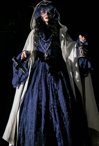 Dunkelblauer Gothic-Lolita-Rock mit Drachenknochen-Stickerei und Kordelzug