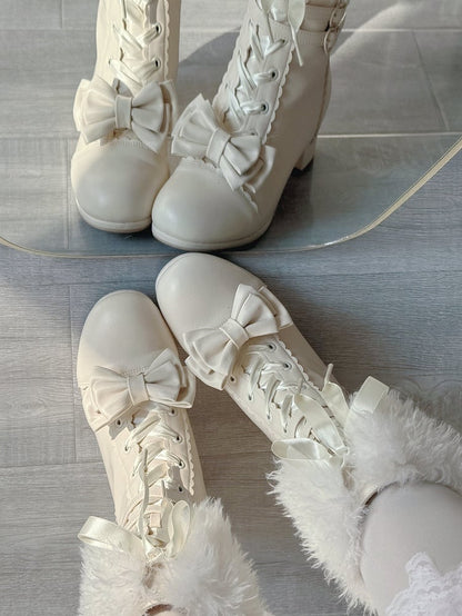 with Lolita Heart Dual Plush Buckle Boots White Fastening - Mid-Calf Elegant Cuff PU