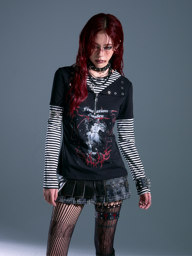 Pattern Black - Long Striped Rock Sleeve Punk Two-piece Top