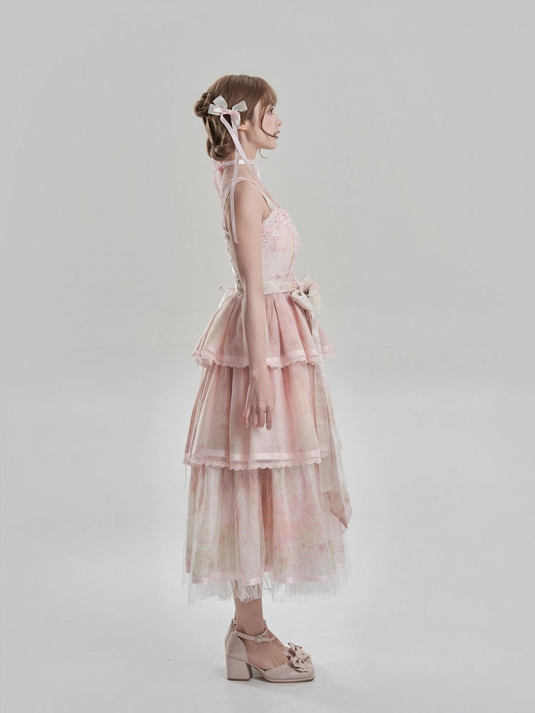 Print Dress JSK and Hem Painting Lolita Detail Oil Embroidery Tiered with Pink