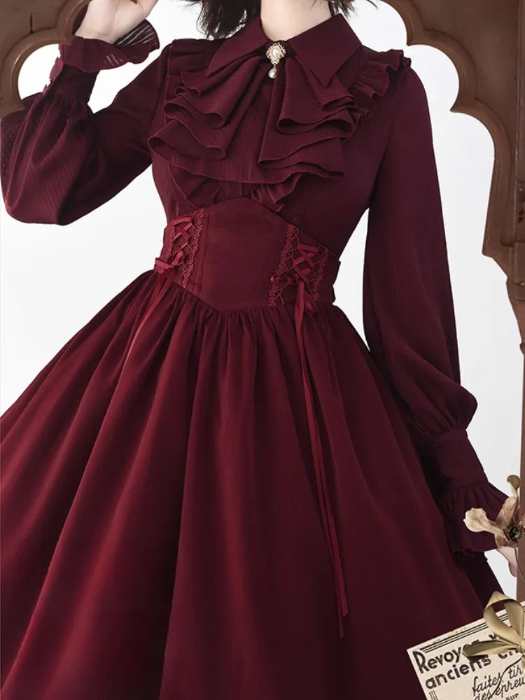 Striped Jabot Flat Fabric Sleeves Collar Red Pointed Shirt Long