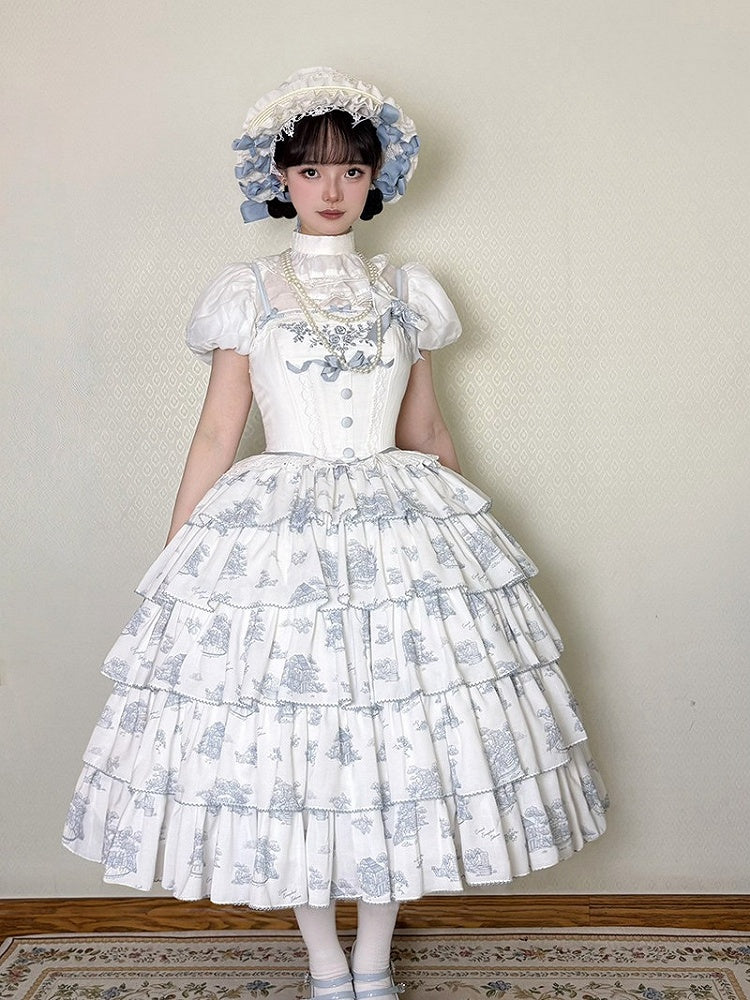 Blue & White Floral Print Lolita JSK with Bow Embellishments - CEL