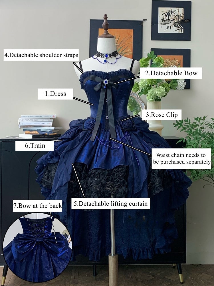 Dress Boned Bouquet Strapless Hem Black Gothic Rose Lolita with Blue