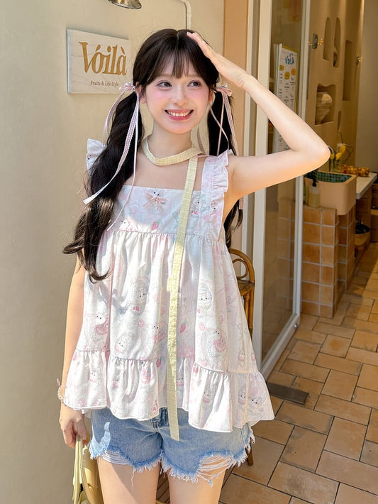 Drucken Sie süße rosa Flatterärmel Allover ärmelloses Top Kitty