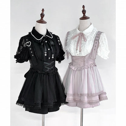 Schnallenriemen Herzdetails Jirai Kei Overallkleid Verstellbare Schulter Rosa mit Perlen