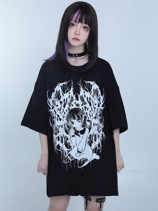 T-Shirt Oversized Girl Jirai Print Cartoon Kei Schwarz