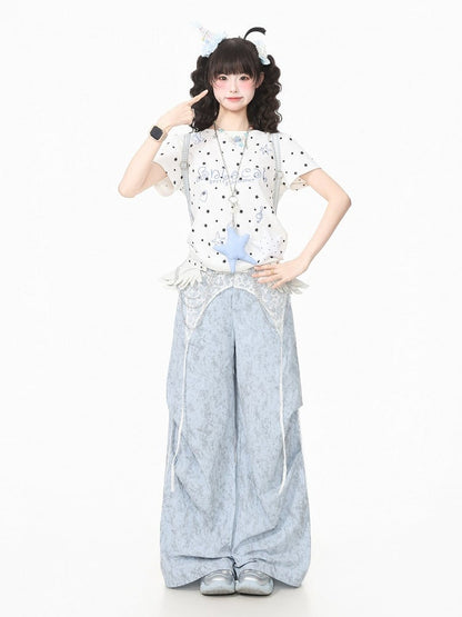 White Daily Kawaii Star Print Crew Neck Short Sleeve T-Shirt with 3D Star Decoration - Languid Park