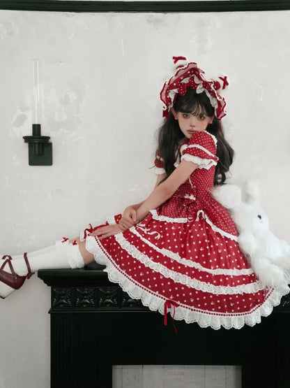 Red Pattern Neckline Plush Sweet Polka Dots Square Bunny Lolita Dress Ears