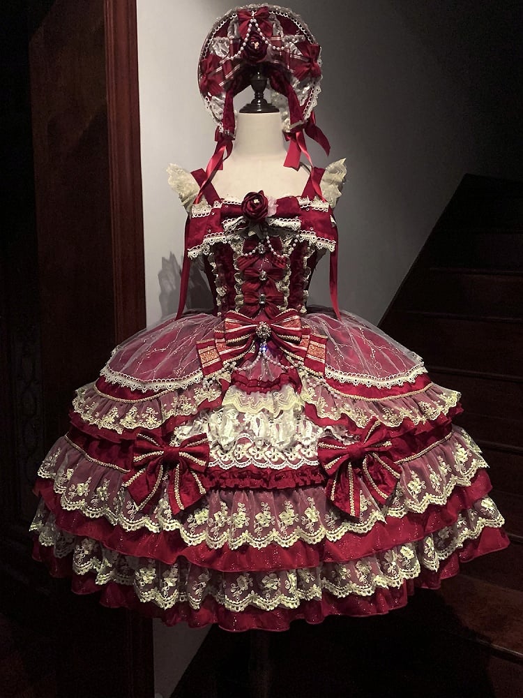 Dress Chain Red Gorgeous Bead Princess Neckline Lolita Flower Bow