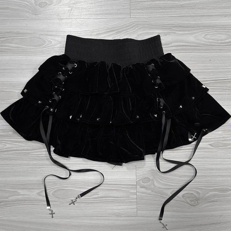 Kei Cross-Decorated Velvet Studs Dark Lace-Up Black Jirai Multi-Layer with Skirt