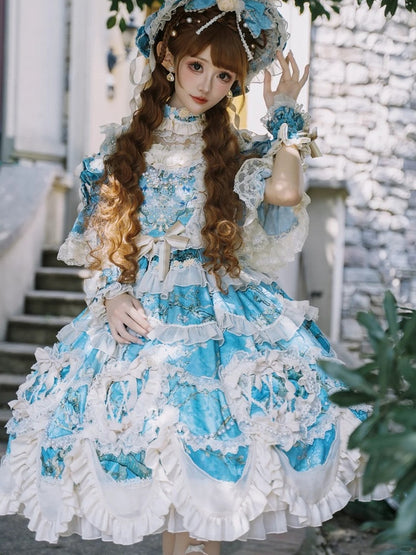 Floral Blue Edge with Hem Lolita Dress Print Scalloped Hime Lace