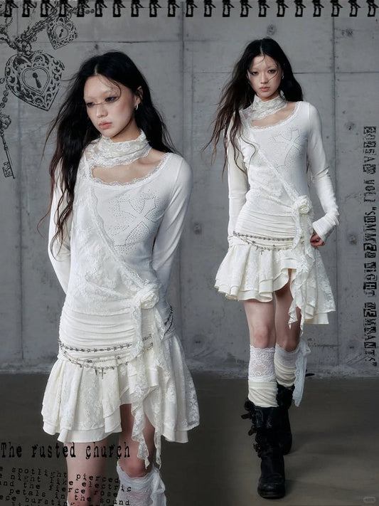 Saum Apricot Off-Shoulder Akzente Floral mit Asymmetrischem Kleid Strass