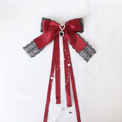 Beads Trim Colors Tassel Heart Lace Black Hairclip 4 Rhinestone with Bow